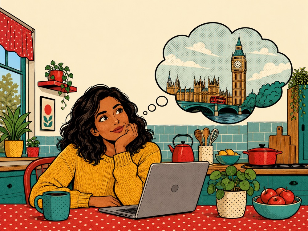 Maya at her kitchen table daydreaming, London and Big Ben in a thought bubble above her