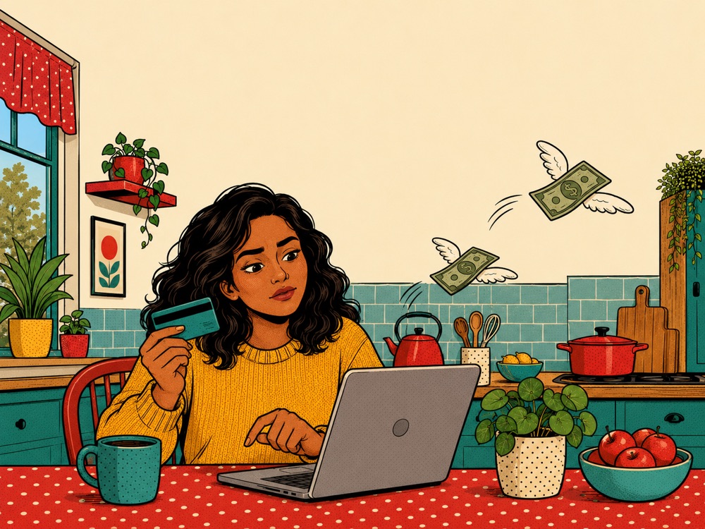 Maya at her laptop holding a credit card while dollar bills with wings fly away