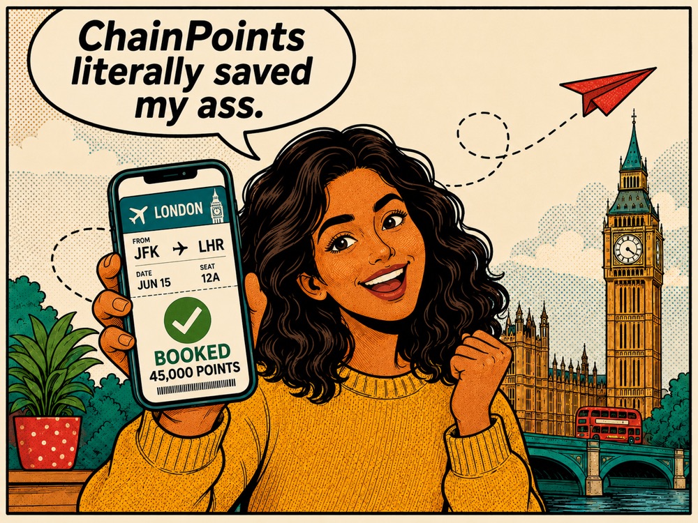 Maya celebrating, holding her phone showing a booked London boarding pass for 45,000 points, Big Ben behind her